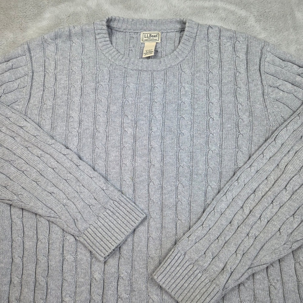 LL Bean Cable Knit Sweater Mens XL-T Tall Cotton Crewneck Pullover Gray 500985